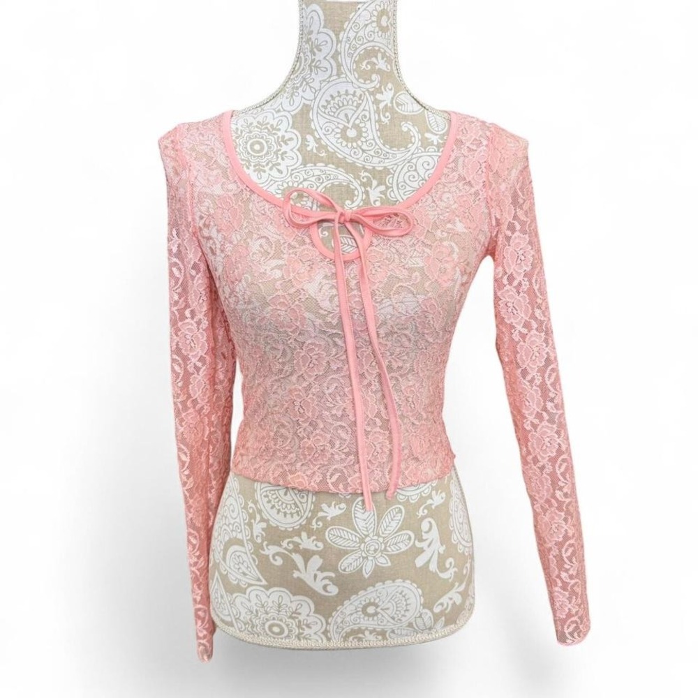 Pink Sheer Lace Tie-Front Long Sleeve Top – Size Small Y2K Coquette FairyCore